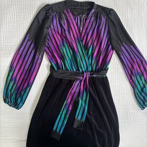 Vintage 80s black dress with Teal & Purple Stripe Bodice